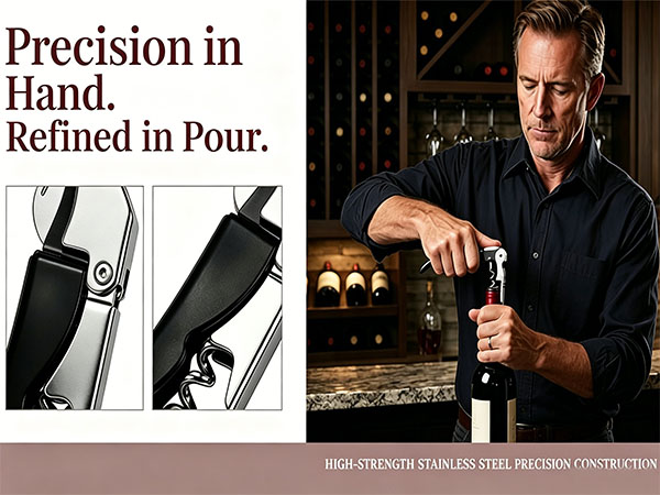 Waiter's corkscrew close-up and professional use