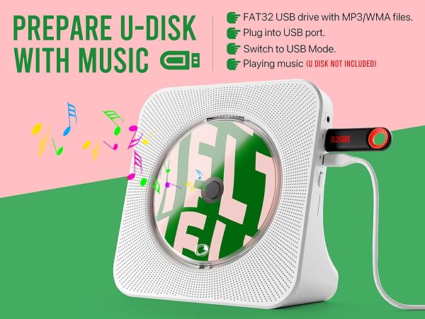 Desktop CD player with USB port playing MP3 and WMA files from U-disk flash drive on desk