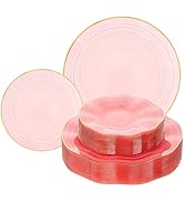 Pryntono 120PCS Pink Plastic Plates with Gold Rim, Heavy Duty Disposable Plates, Elegant and Fanc...