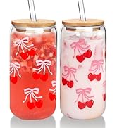 Cherries Bows Glass Cups with Lids and Straws, 18OZ Cherry Decor Iced Coffee Cups with Lids, Cute...