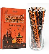 100PCS Halloween Paper Straws -Disposable Pumpkin Bat Spider Skull 7.75" x0.24" Six Color Assorte...