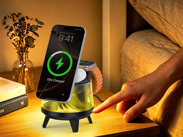 Wireless charger with touch control ambient light, ideal for bedside charging at night