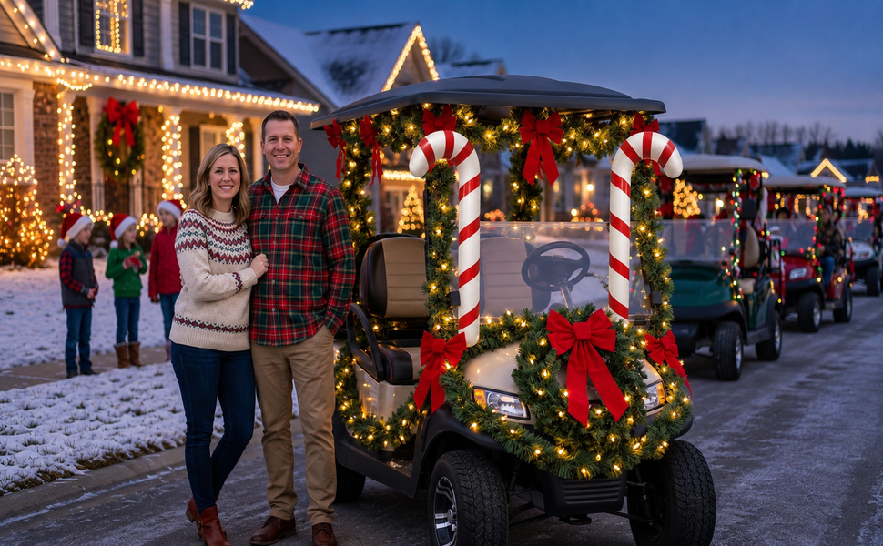 Couple by Christmas golf cart with inflatable candy cane balloons, lights and bows