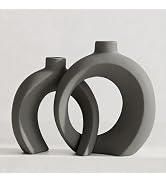 Set of 2 Gray Ceramic Vases for Home Decor Accents - Unique Hollow Donut Artistic Design Minimali...