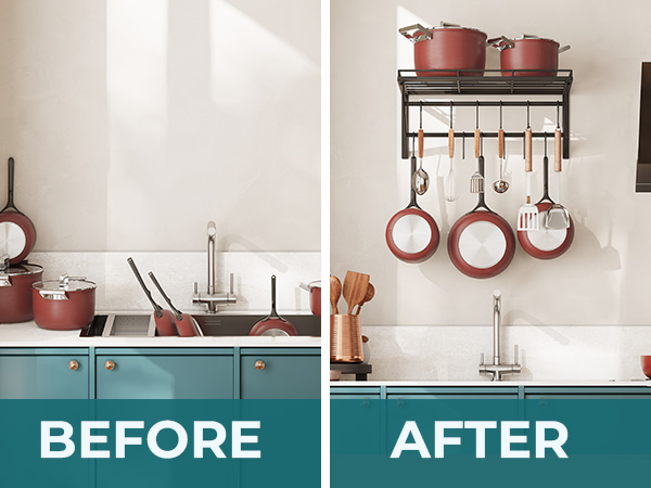 a kitchen with a wall mounted rack and pots and pans.