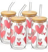 DWTS DANWEITESI Glass Cups with Lids and Straws with Design Pink Hearts 4 pcs,Clear Glass Cups 16...