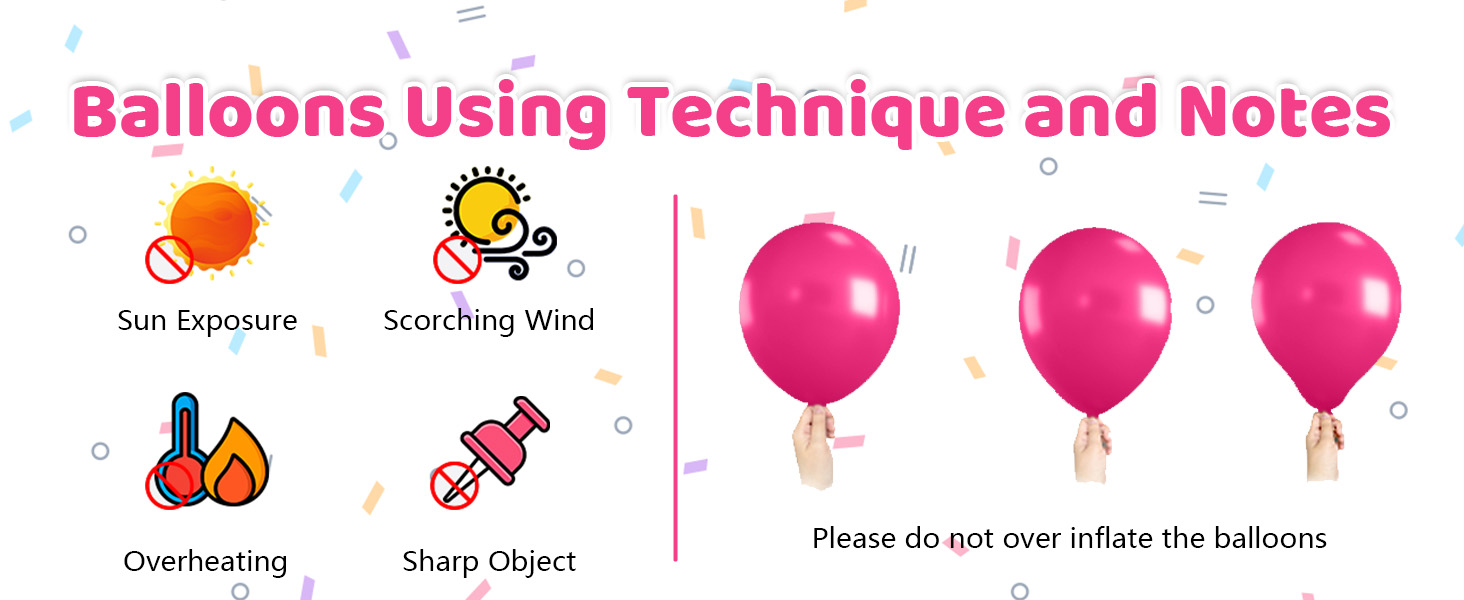 Balloon safety infographic showing hazard icons for sun exposure, scratching, overheating, sharp objects, and pink balloon handling instructions.