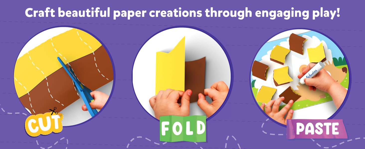 Three-step paper craft instruction circles showing cutting, folding, and pasting actions against a purple background with text about creating paper crafts.
