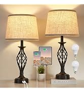 Table Lamp for Bedroom Set of 2 with USB C+A Ports, Modern Bedside Lamps with Spiral Cage Base, F...