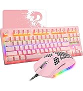 Pink Mechanical Gaming Keyboard Blue Switch Mini 87 Keys Wired Rainbow LED Backlit Keyboard Profe...