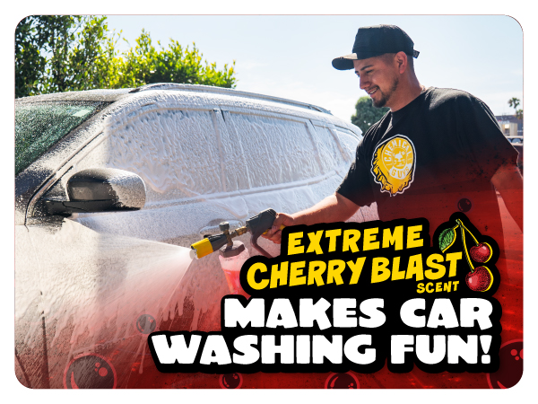 Original Maxi Suds bottle next to redesigned Maxi Suds II Cherry bottle with arrow showing new look