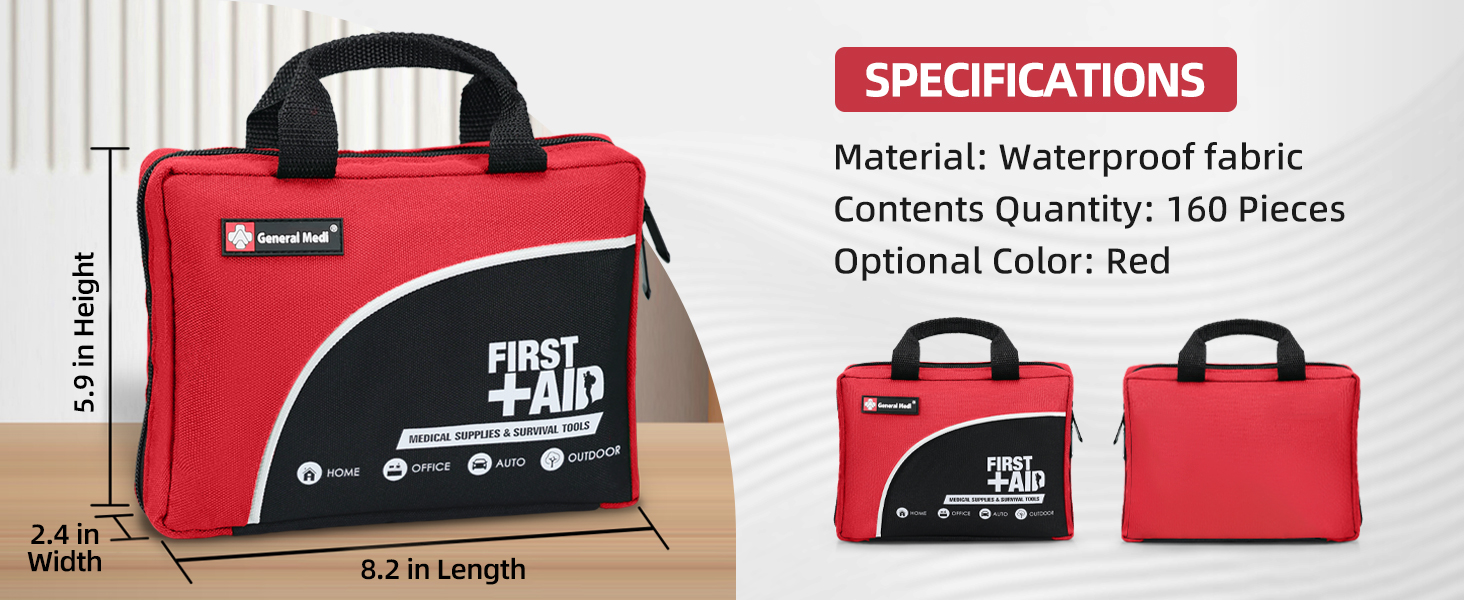 Text reads 'Image 6' and 'SPECIFICATIONS'. Product photos of red sports or gym bag with text indicating 'Material: Waterproof fabric' and 'Contents Quantity: 120 Pieces'.