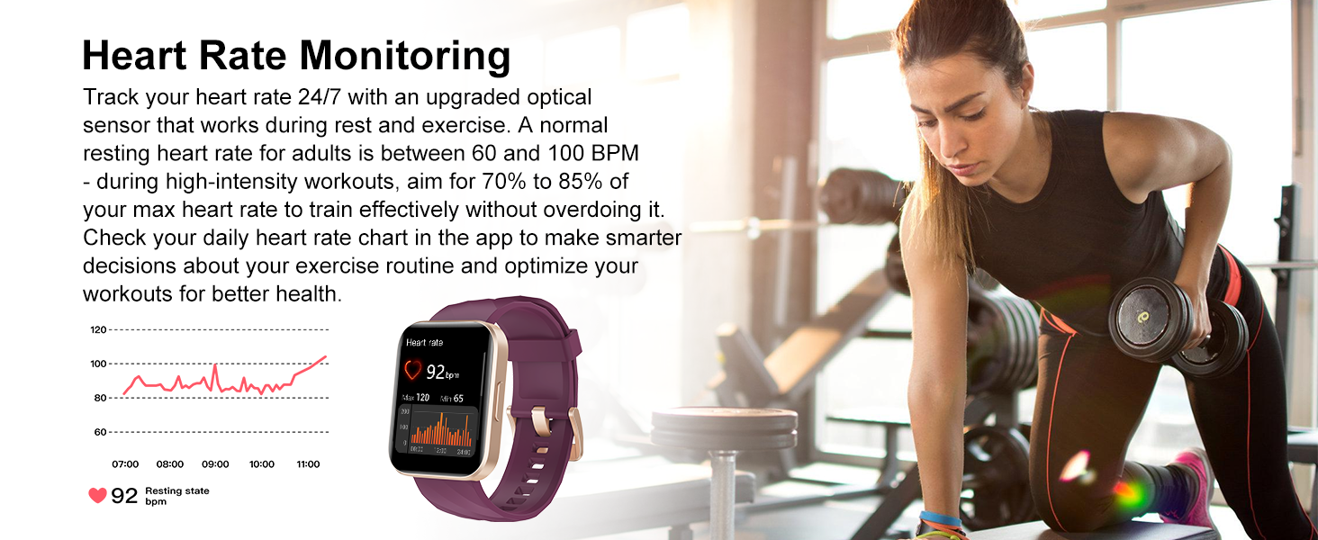 Optical sensor tracks 24/7 heart rate. Use daily app chart to optimize workout intensity.