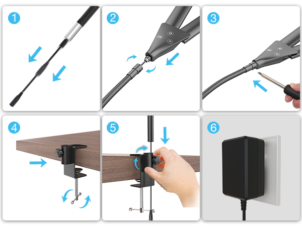 Six-step instructional diagram for mounting a device. Shows hands using tools to attach bracket to surface, then connecting device to bracket.