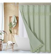 Gibelle Boho Farmhouse Shower Curtain Set, Linen Cotton Fabric Shower Curtain with Macrame Lace D...