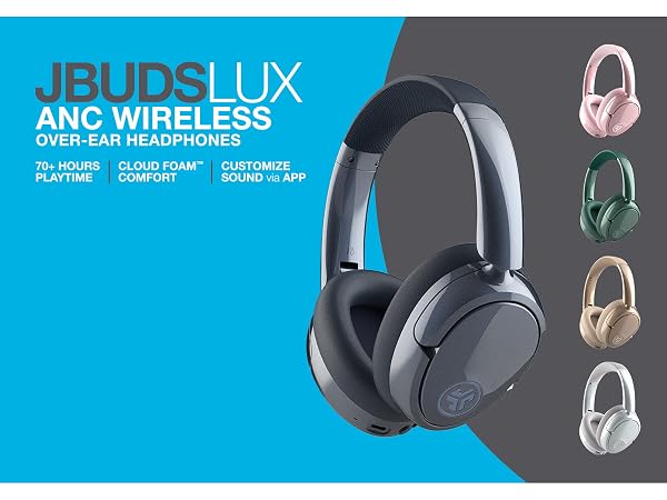 Jbuds lux rendering next to text with all of the colors shown on the side
