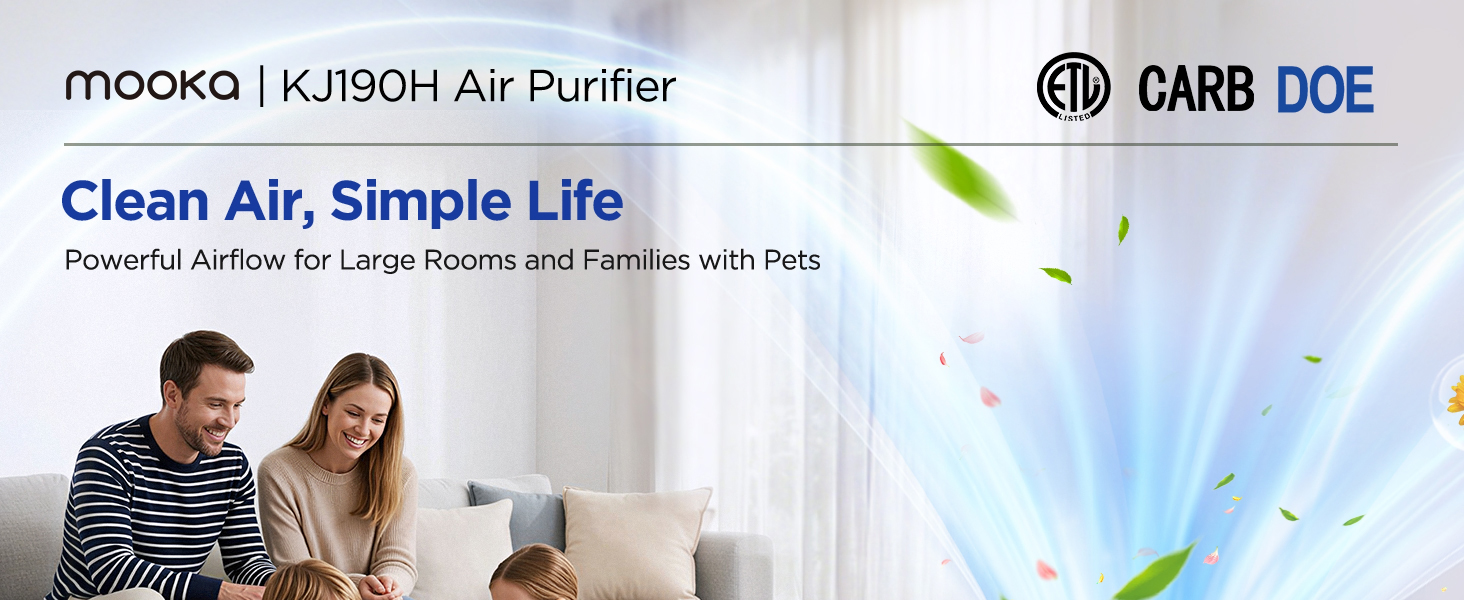 White MOOKA KJ190H air purifier for large room, for families with kids and pets