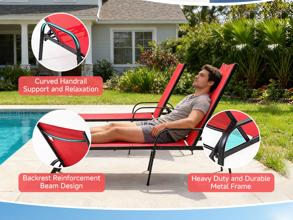 Chaise Lounge Chair, 5 Adjustable Beach Lounge Recliner Chair with Armrests, Outdoor