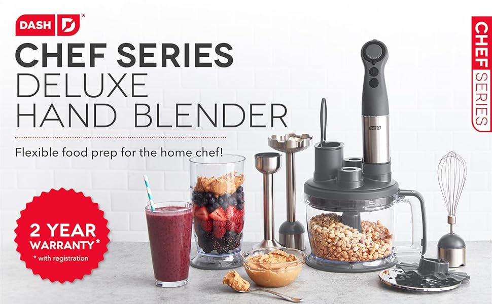 Deluxe Hand Blender, Whisk, Puree, Blend, Food Processor, Masher, Dough Hooks, Turbo Blend