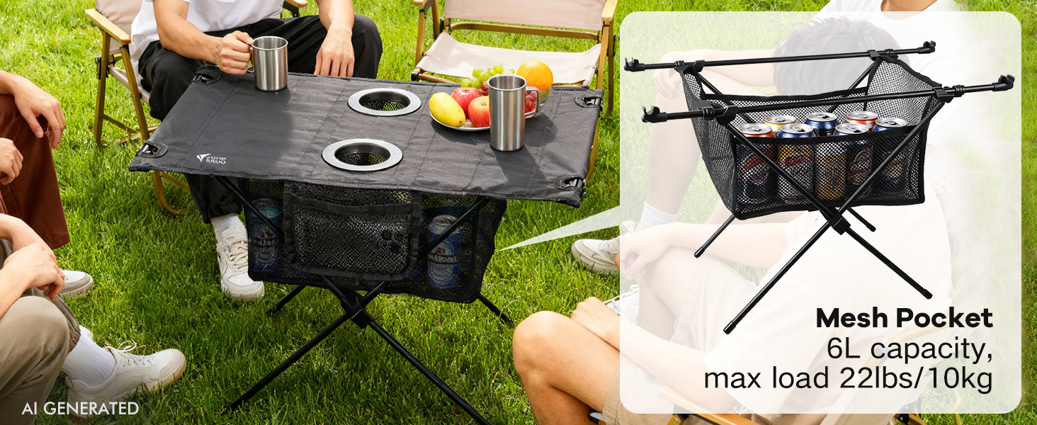comes with a removable mesh pocket located directly under the table top, which can hold 22 pounds.