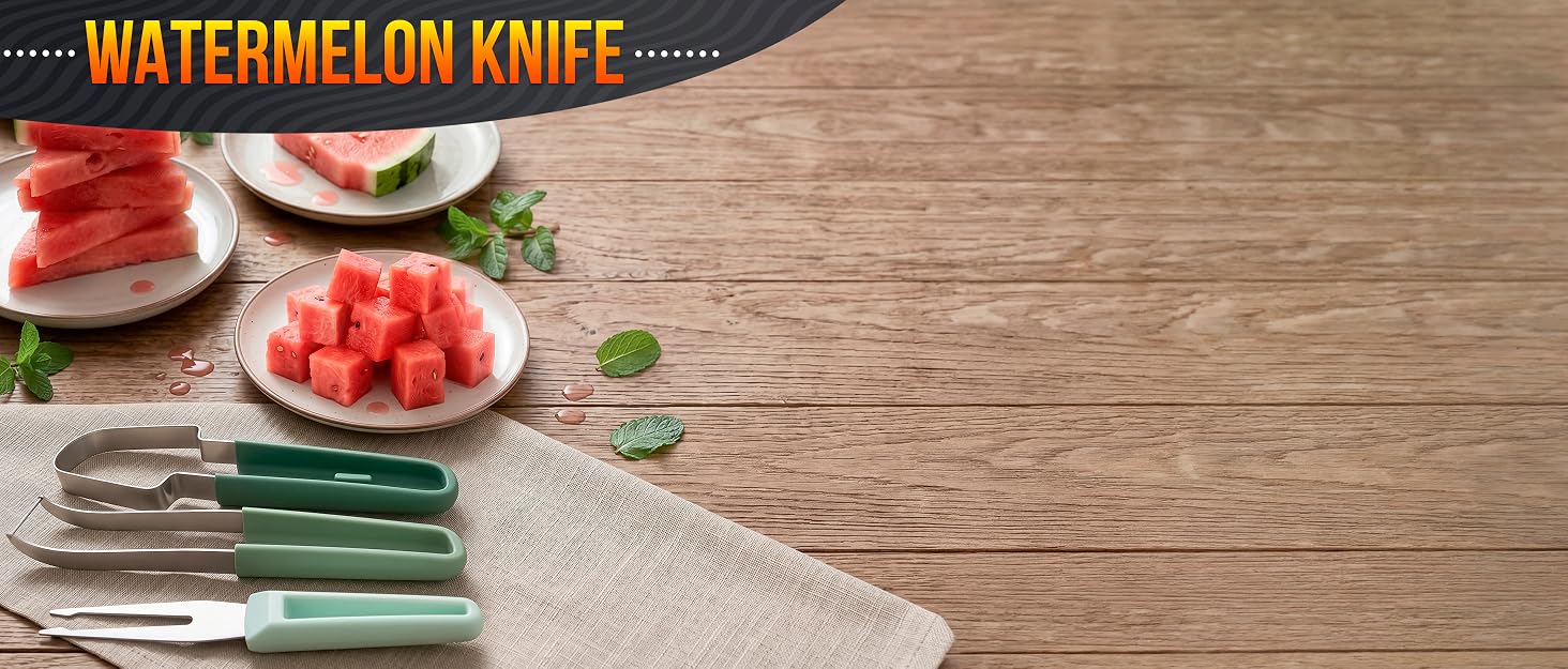 Three green-handled water melon cutter tools lie on a linen napkin near plates of melon cubes