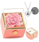 HIAGROW Preserved Real Pink Forever Rose Rotating Box with I Love You Necklace 100 Languages,Eter...