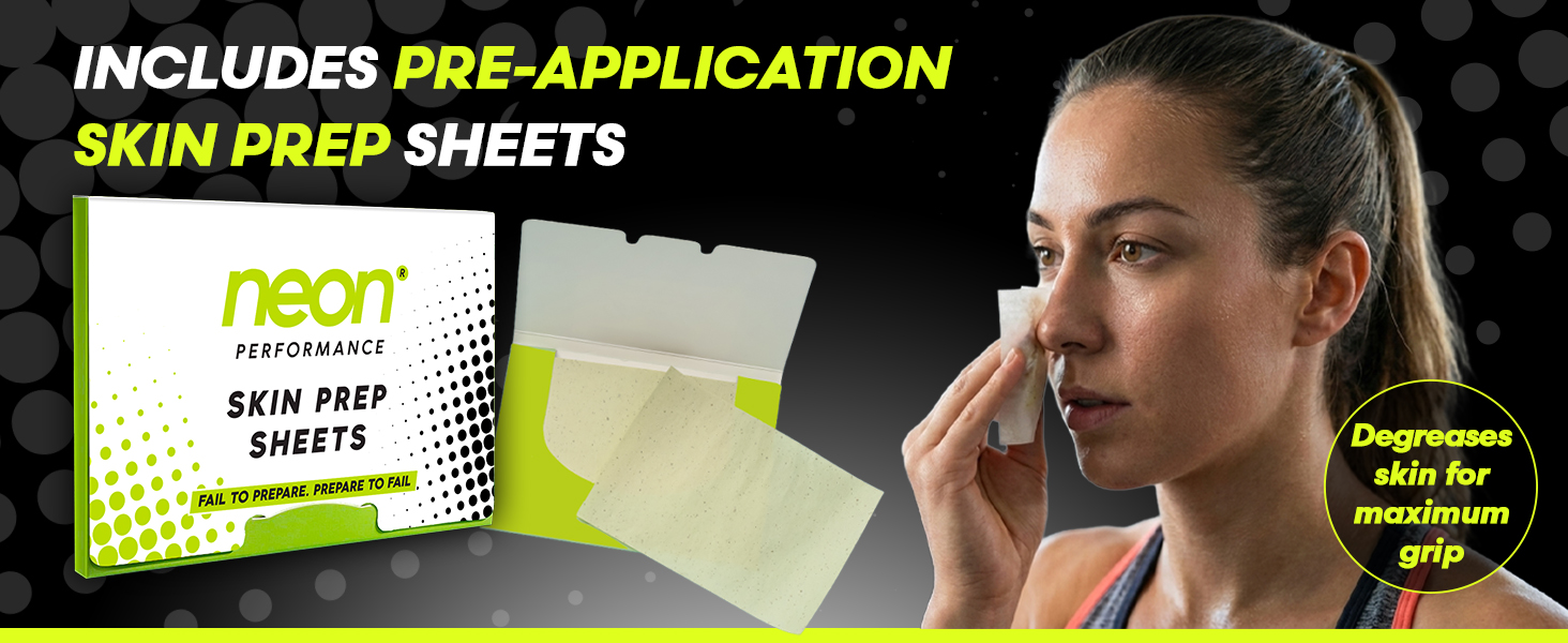 Text reads 'INCLUDES PRE-APPLICATION SKIN PREP SHEETS' on dark background with neon green accent lighting or graphics.