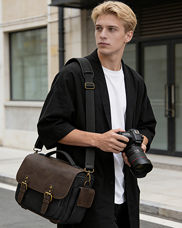 Multiple views of a brown leather messenger bag or satchel worn with professional attire, showing different angles and wearing positions.