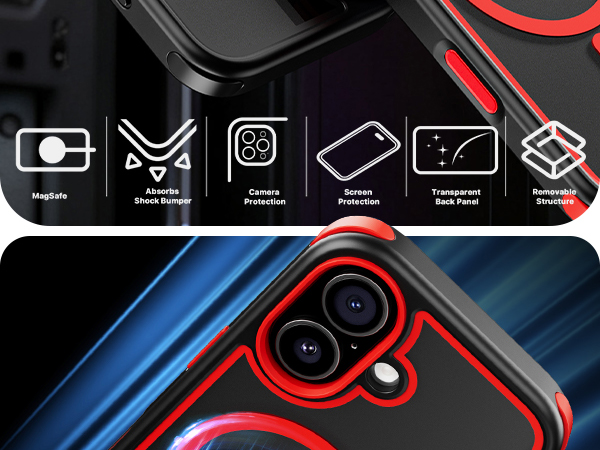 iphone 17 Case with Transparent Back, Black Frame Bumper, Red Corner Bumpers