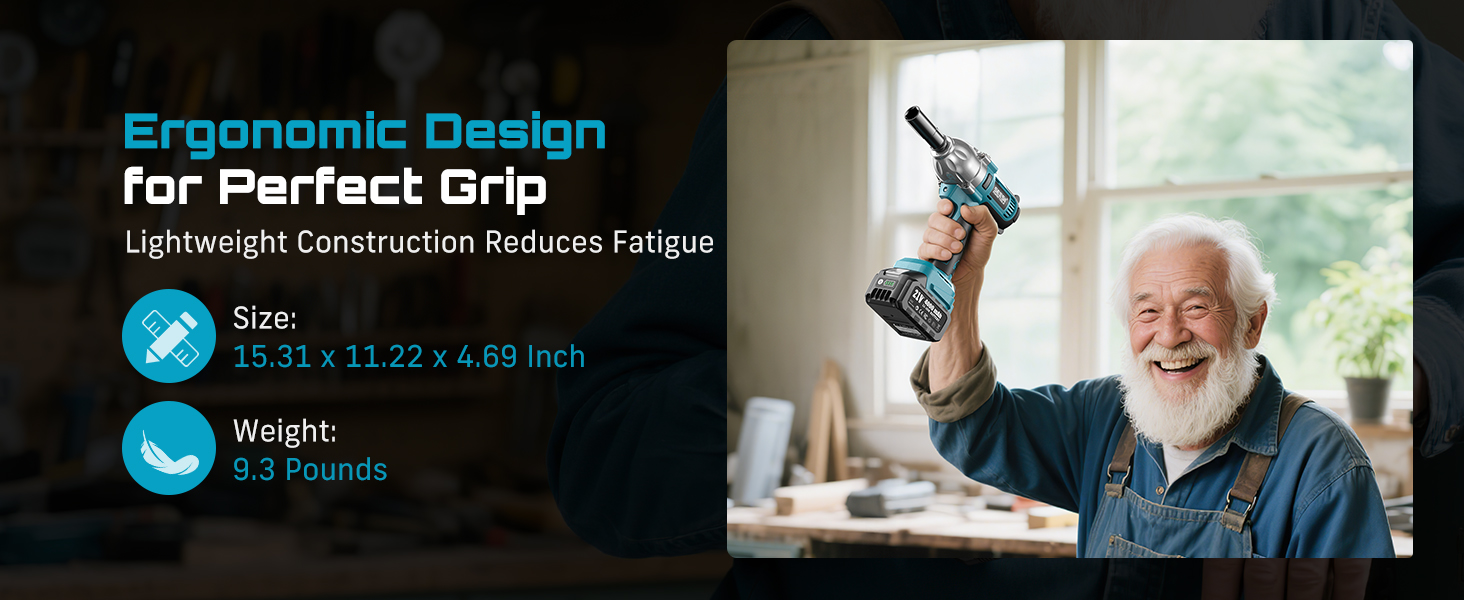 Ergonomic grip, lightweight. 15.3 x 11.2 x 4.7 inches, 9.3 lbs. Less fatigue.