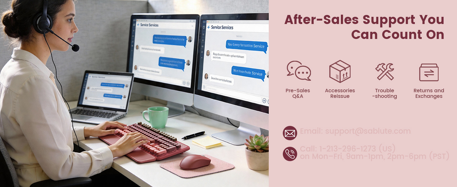 Customer using pink wireless keyboard mouse combo at desk if any issue contact Sablute support