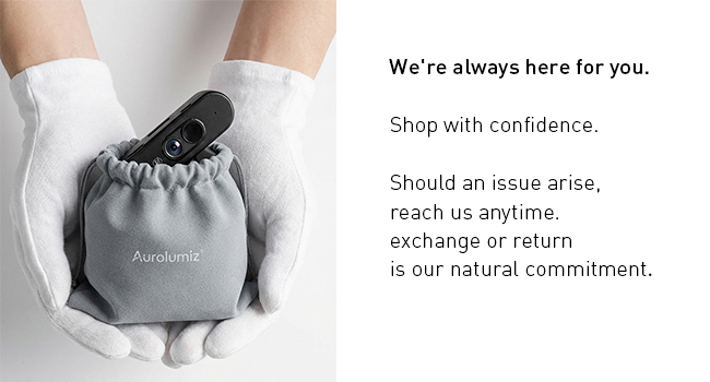Text reads 'We're always here for you. Shop with confidence. Should an issue arise, reach us anytime, exchange or return, with no trial commitment.' Hands holding grey fabric pouch or bag.