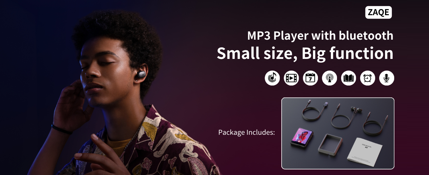 MP3 player advertisement featuring a person wearing earphones. Text emphasizes 'Small size, Big function' and displays various connectivity icons.