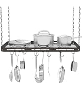 33” Pots and Pans Hanging Rack, Black Hanging Pot Rack Ceiling Mount with 15 Hooks, Heavy-duty Me...