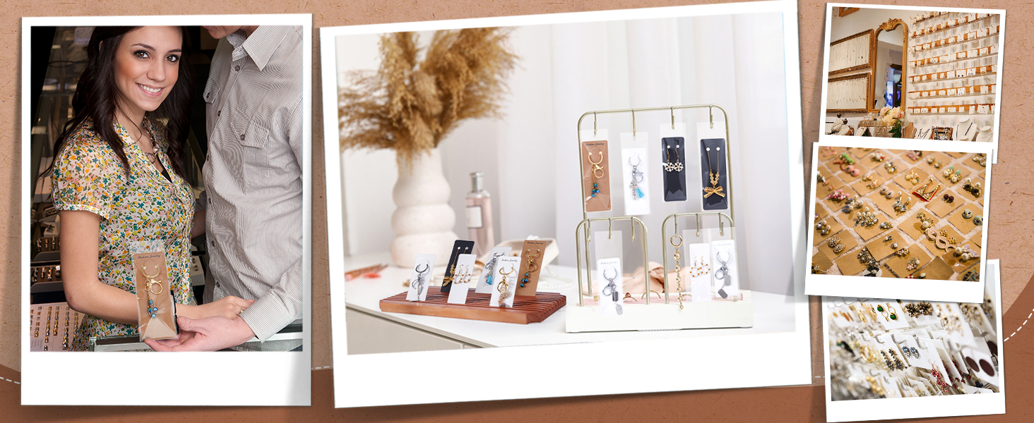 Collage of jewelry display images: Central image shows glass cases with necklaces on a wooden tray. Side images depict organized jewelry storage and display boards with various accessories.