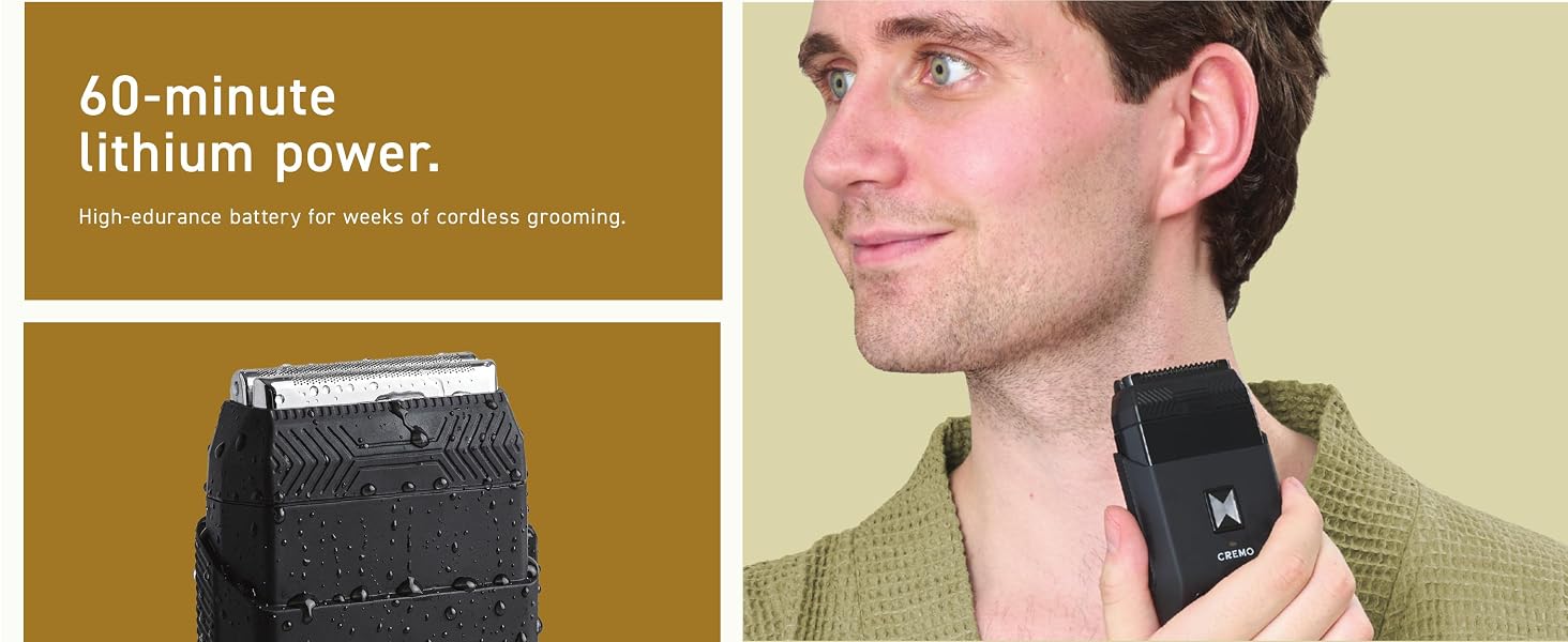 Man using Cremo Travel Foil Shaver with long-lasting lithium battery