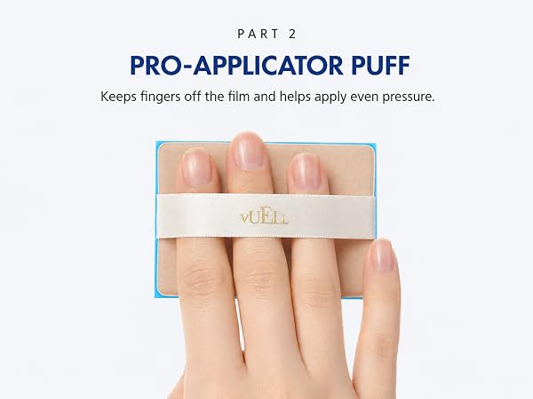 VUELL puff applicator with three-finger grip for cleaner blotting