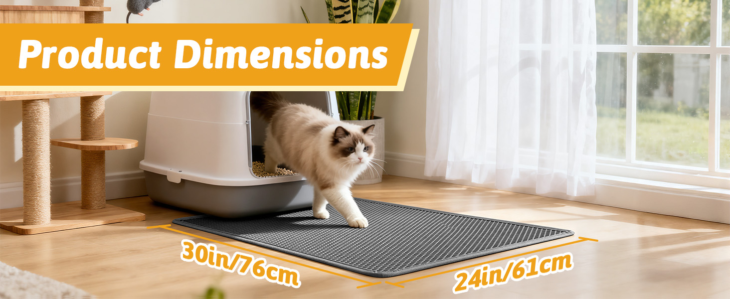 Text reads "Product Dimensions" with measurements "50cm*35cm" and "60cm*40cm". Dimension reference showing product size on kitchen counter mat near cat.