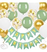 Happy Birthday Banner, Green Birthday Decoration, 16 Pcs 12in Happy Birthday Balloons with 2 Ribb...