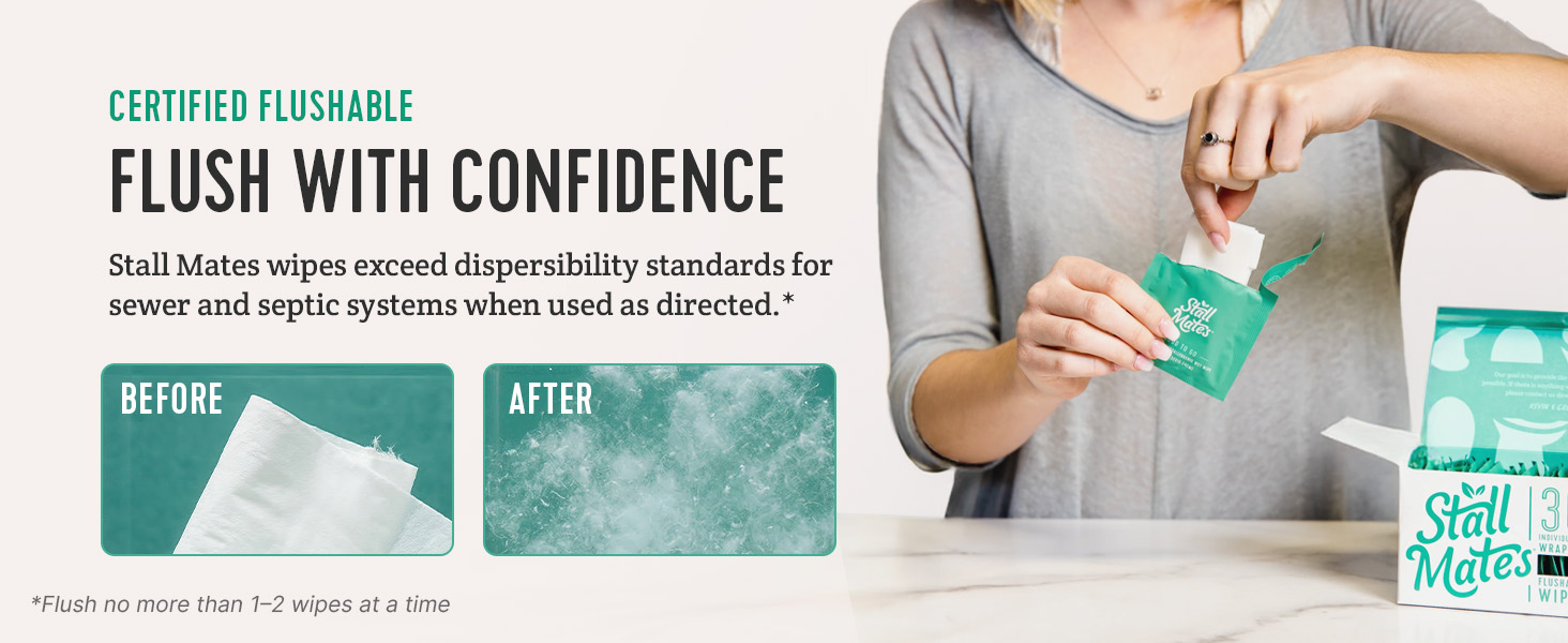 Stall Mates, flushable wet wipes. Designed to flush with confidence