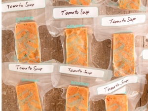 Frozen tomato soup in Souper Cubes vacuum seal bags