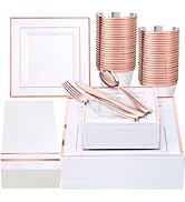 Festiva 350Pcs Rose Gold Plates and Napkins Party Supplies-Square White and Rose Gold Disposable ...