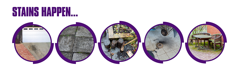 Stains happen on driveways, brick, patios, garage floors, and backyards
