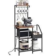 MAHANCRIS Bakers Rack with Power Outlet, Kitchen Storage Shelf with Non-Woven Basket and S Hooks,...