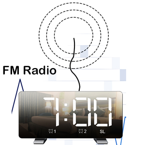 Digital alarm clock with large LED display showing 7:00. Features FM radio functionality, indicated by antenna symbol and text.