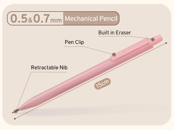 Pink mechanical pencil with 0.5 and 0.7mm lead options. Features include a 15cm length, retractable nib, built-in eraser, and pen clip. Diagram highlights key components.