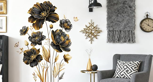 Text reads "Decalastic". Interior room setting with wall art, dried flowers, and home decor items displayed.