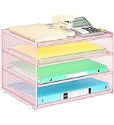 Lavatino 3-Tier Letter Tray Desk Paper Organizer – Pink Mesh Metal File Tray Organizer for Desk, ...