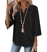 WIHOLL 3/4 Length Sleeve Womens Tops Boho V Neck Lace Shirt Trendy Blouses Dressy Casual Vacation...