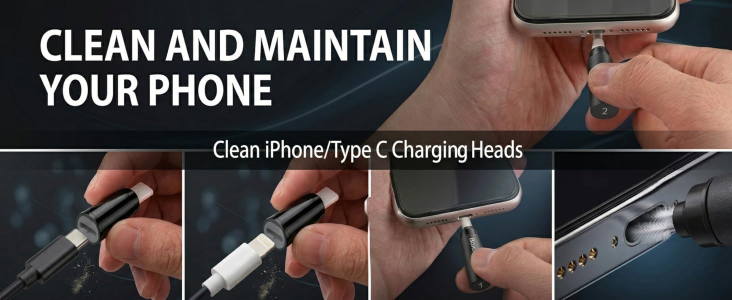 Cleaning iPhone charging port and USB-C cable plugs with precision toolset.
